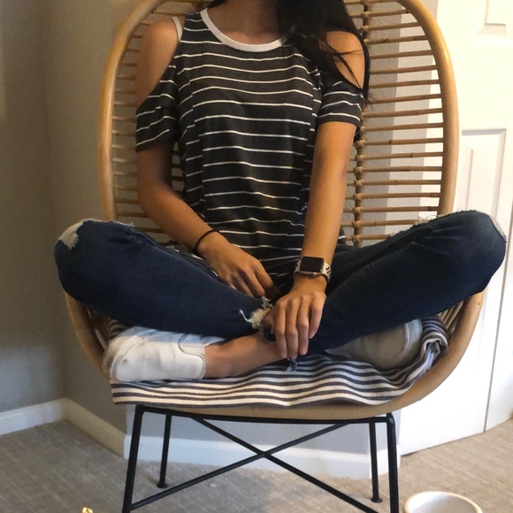 Grey and white stripe cold shoulder top - Picture 3 of 4